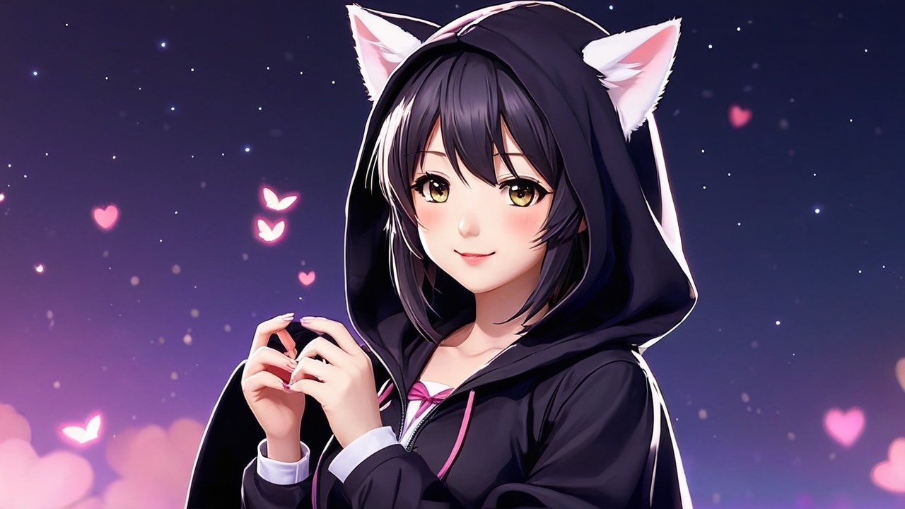 Anime girl with black hair, cat ears, and hoodie