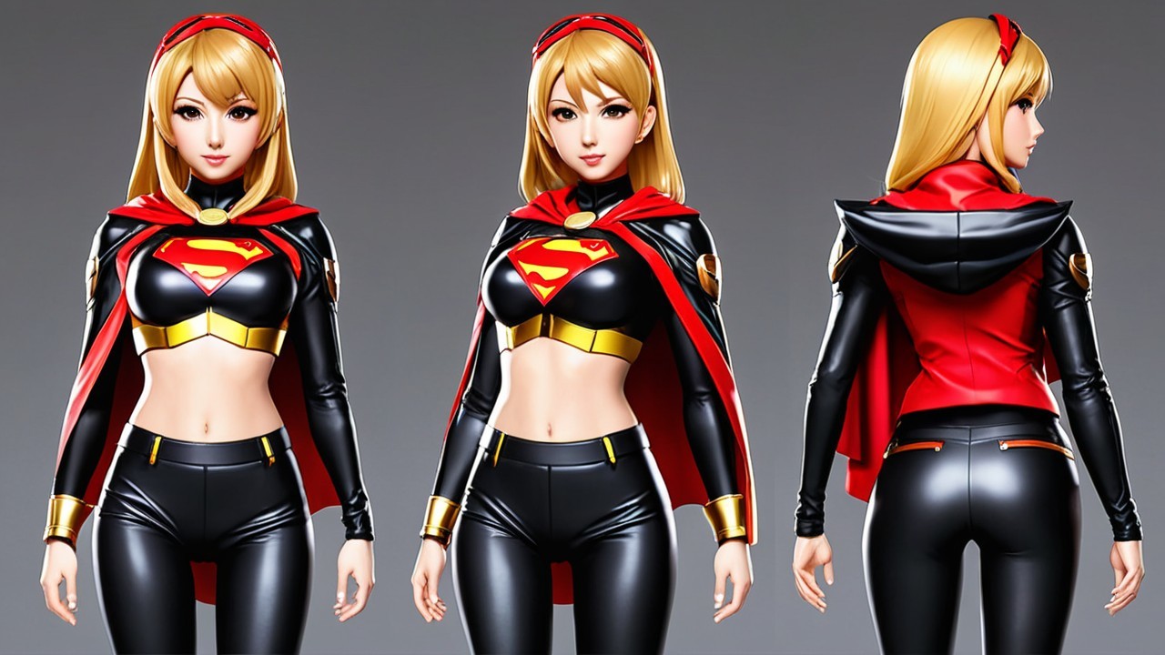 Female superhero character in sleek black and red outfit