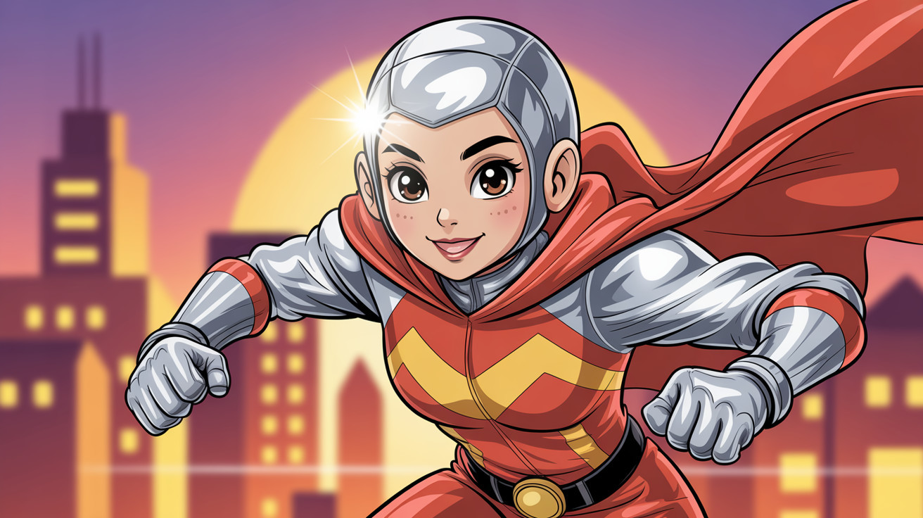 Digital painting of a female superhero in flight