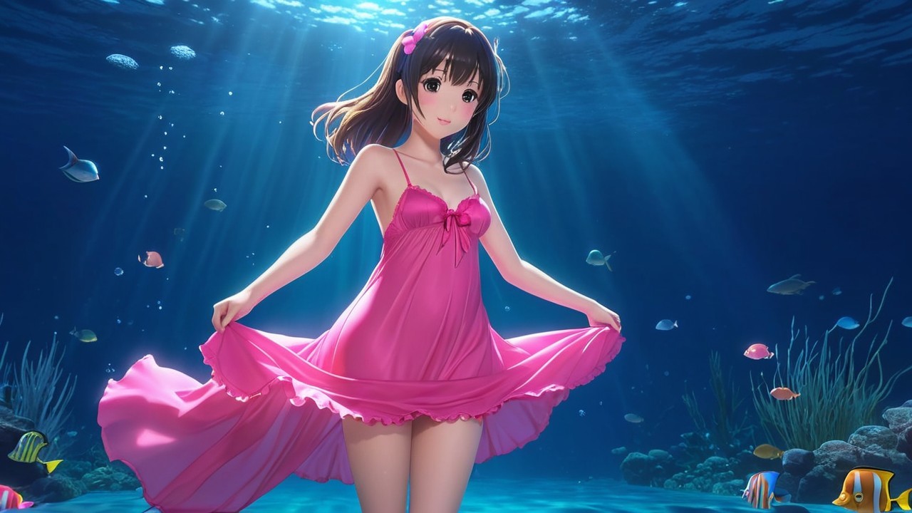 Underwater Scene with Girl in Pink Dress and Marine Life