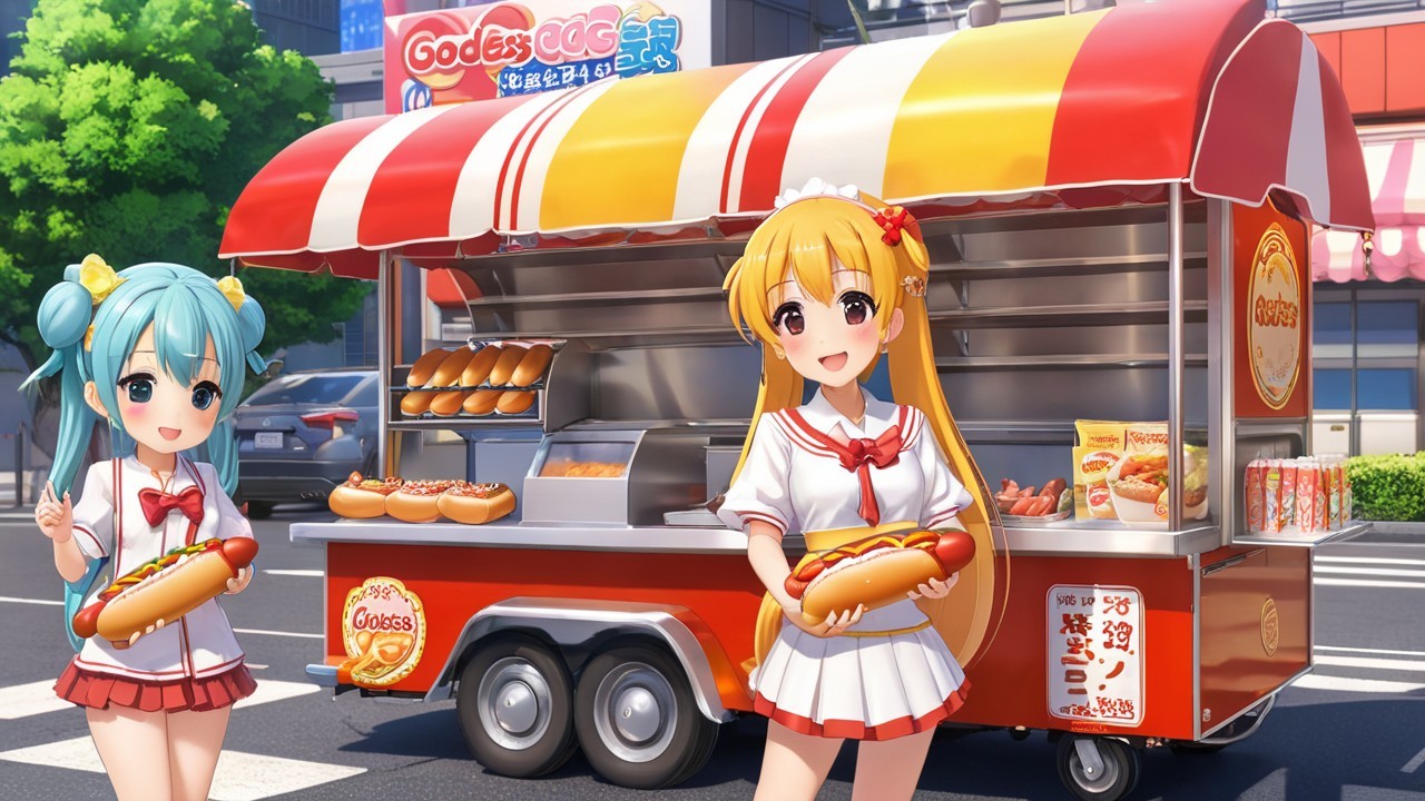 Cheerful Characters with Food Truck on Sunny Street