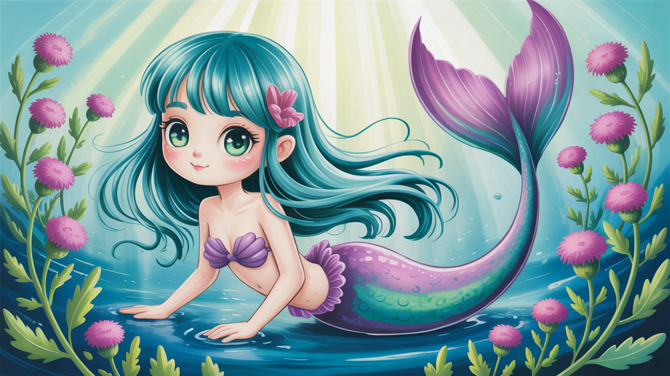 Chibi Mermaid with Teal Hair and Purple Tail in Water