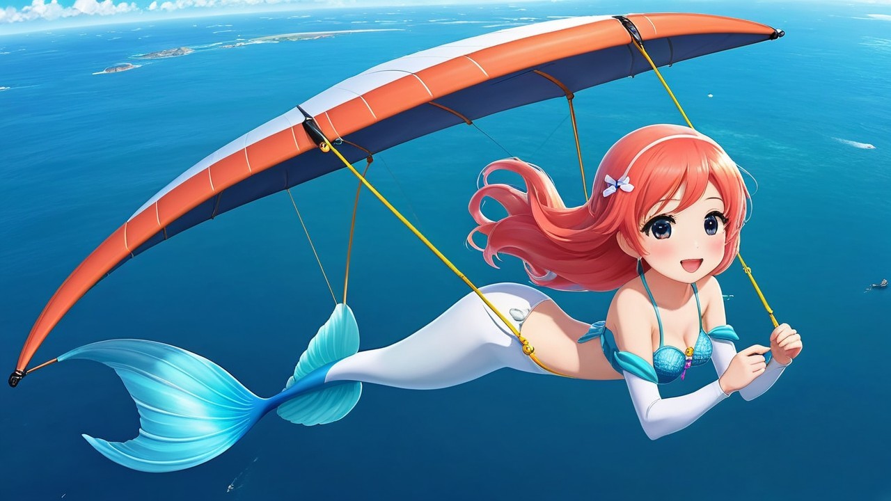 Cheerful mermaid hang gliding over azure ocean scene
