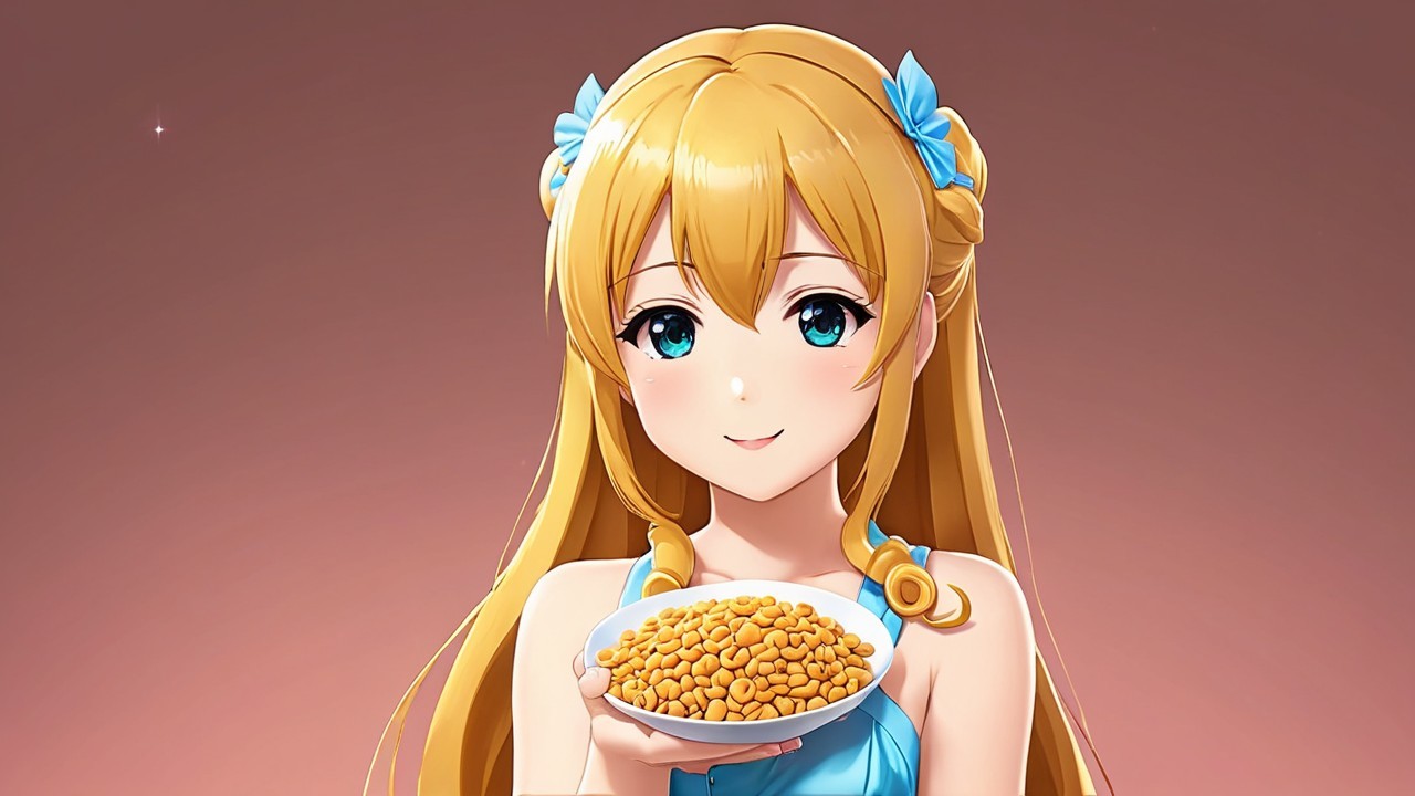 Cheerful anime girl with snacks in light blue dress