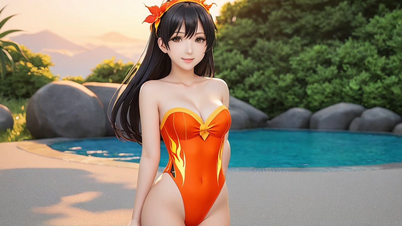 Young woman in orange swimsuit by swimming pool