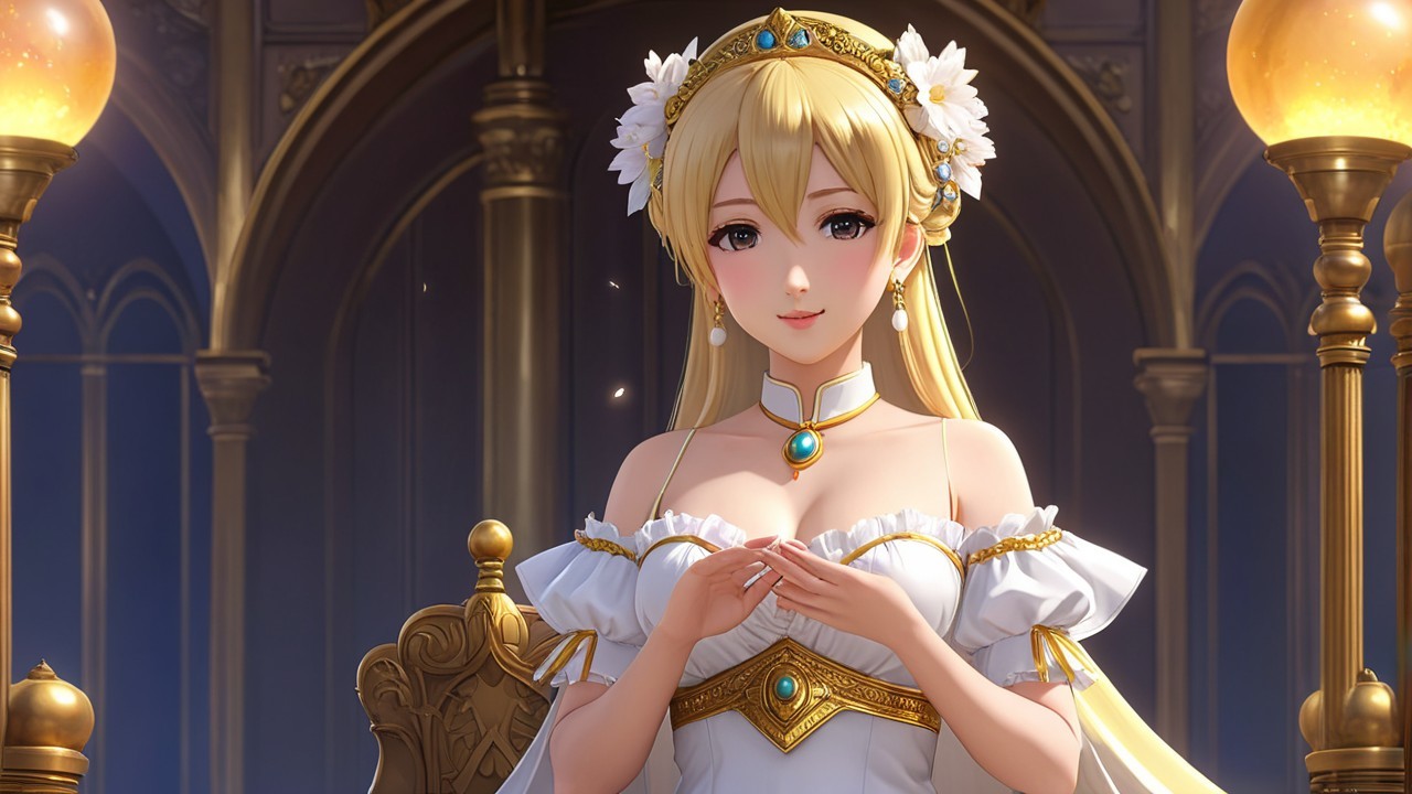 Fantasy Character on Ornate Throne in White Gown