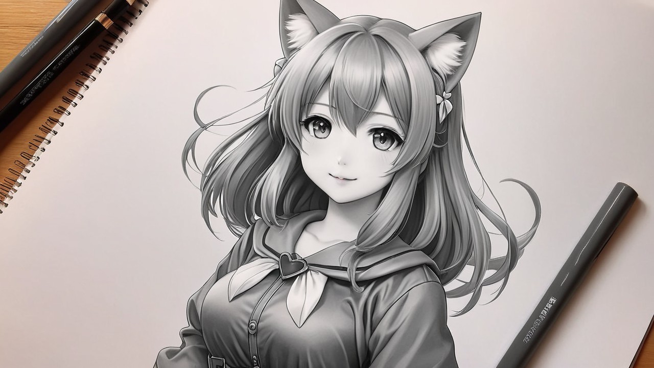 Grayscale Illustration of Young Woman with Cat Features