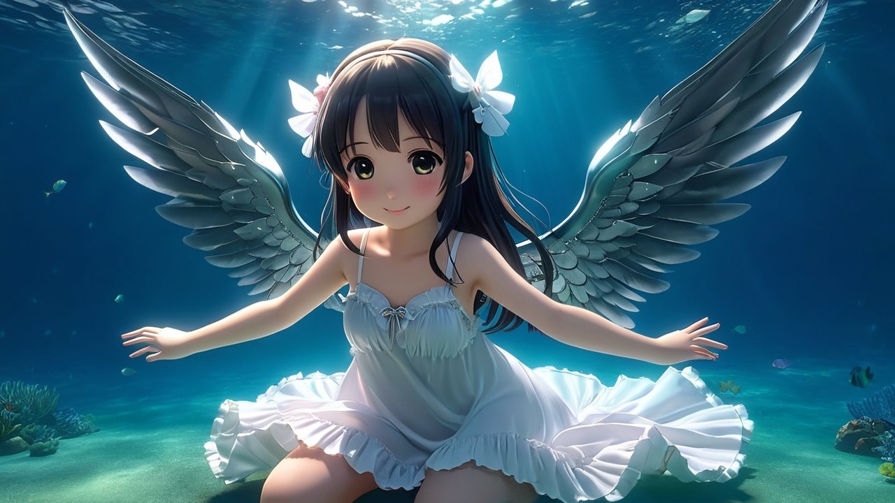 Underwater Scene of a Girl with Angelic Wings