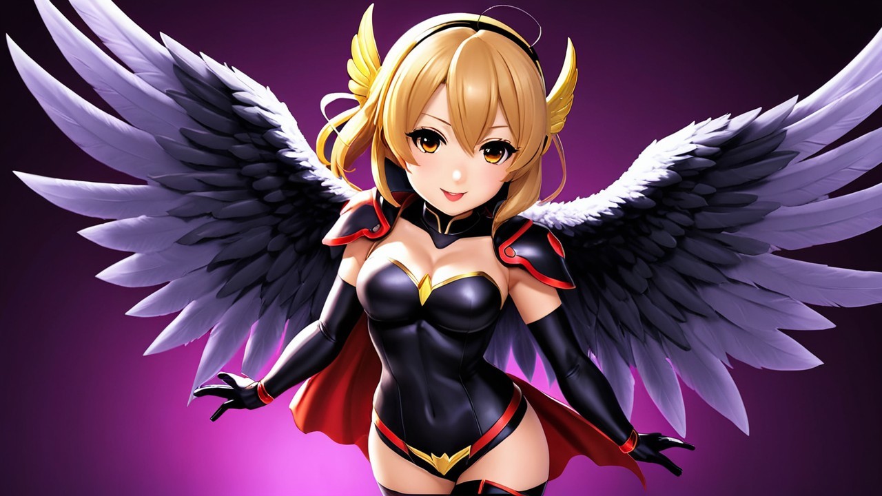 Anime character with black wings and red cape