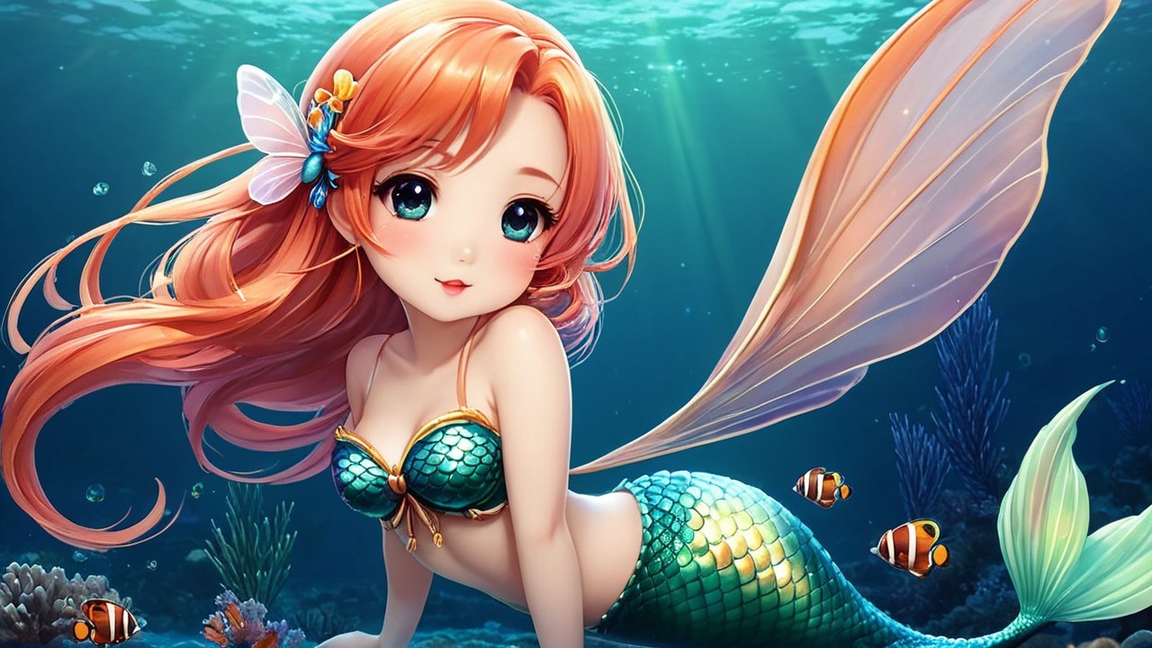 Animated mermaid with orange hair in coral reef scene