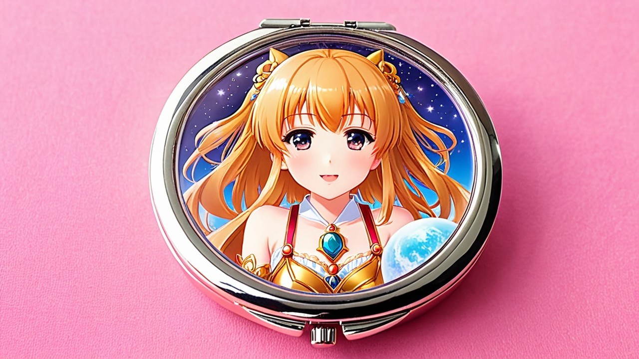 Silver Compact Mirror with Anime Illustration