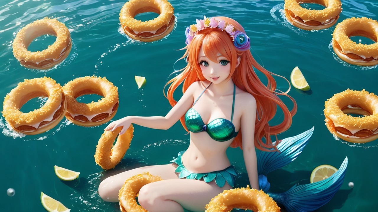 Mermaid in Vibrant Water Surrounded by Donuts and Lemons