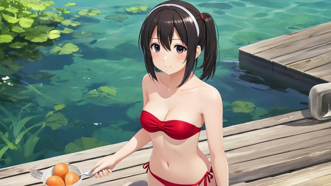 Cheerful anime girl by serene blue lake in bikini