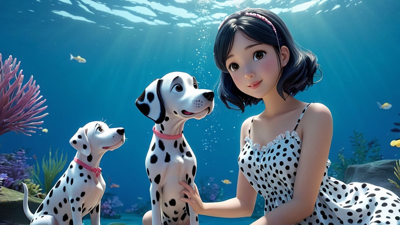 Underwater Scene with Girl, Dogs, Coral, and Fish