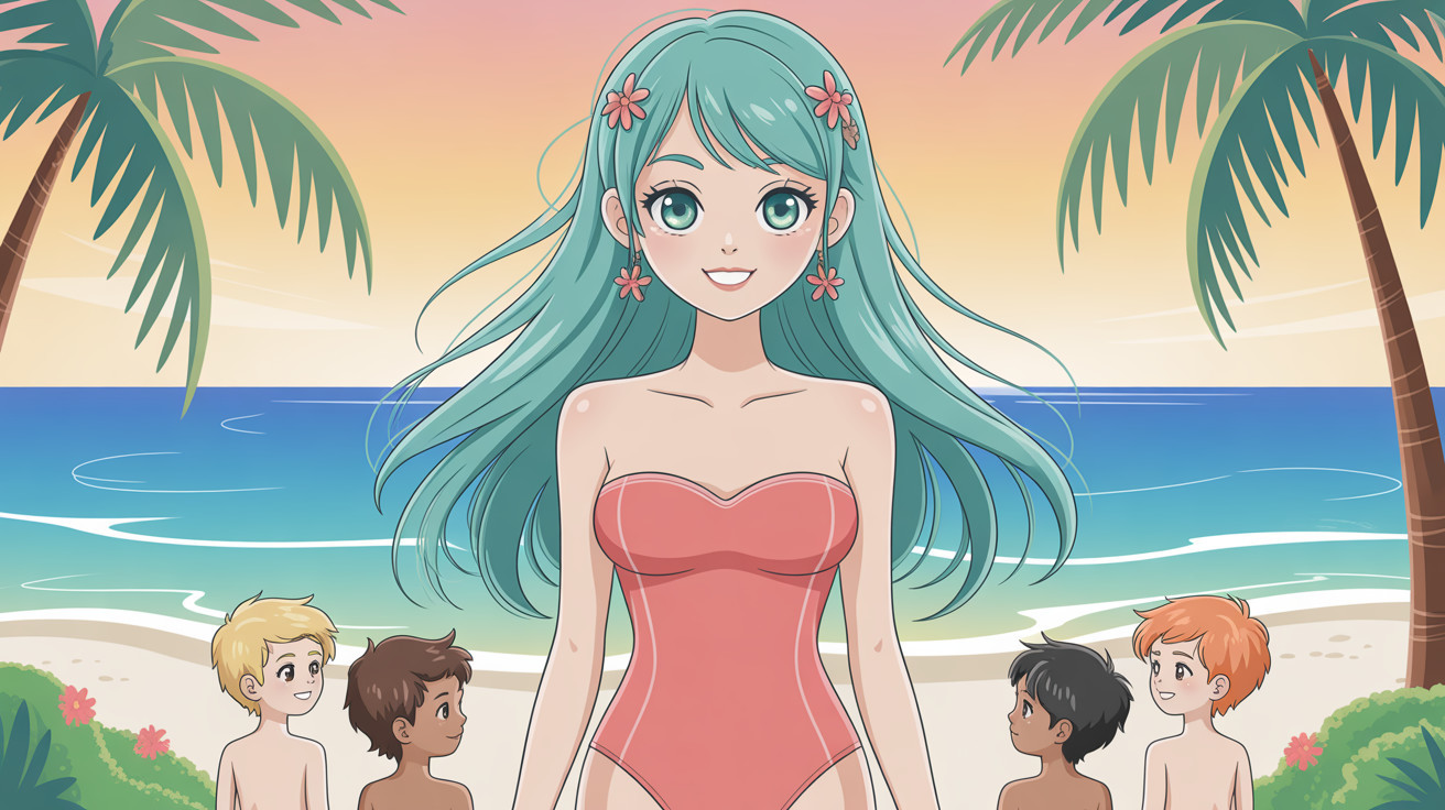 Anime Illustration of Young Woman on Beach with Boys