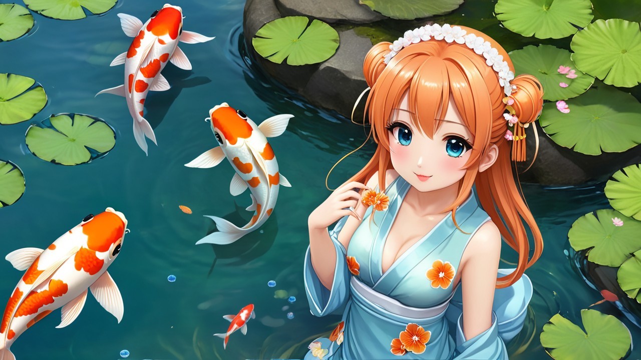 Young Woman in Blue Kimono by Tranquil Pond