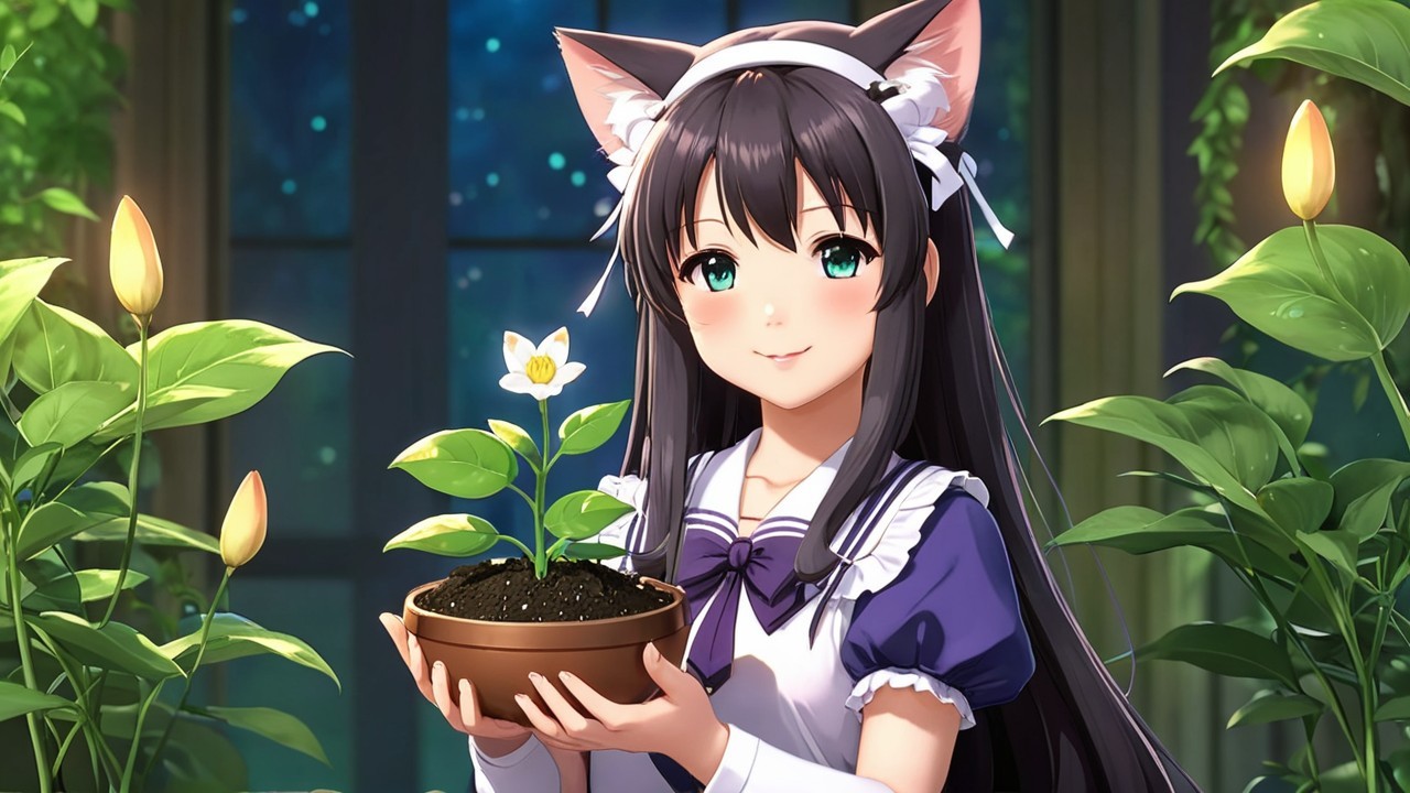 Character with Cat Ears in a Maid Outfit with Plant