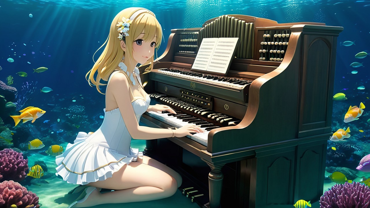 Underwater Scene of Woman Playing Piano Among Coral