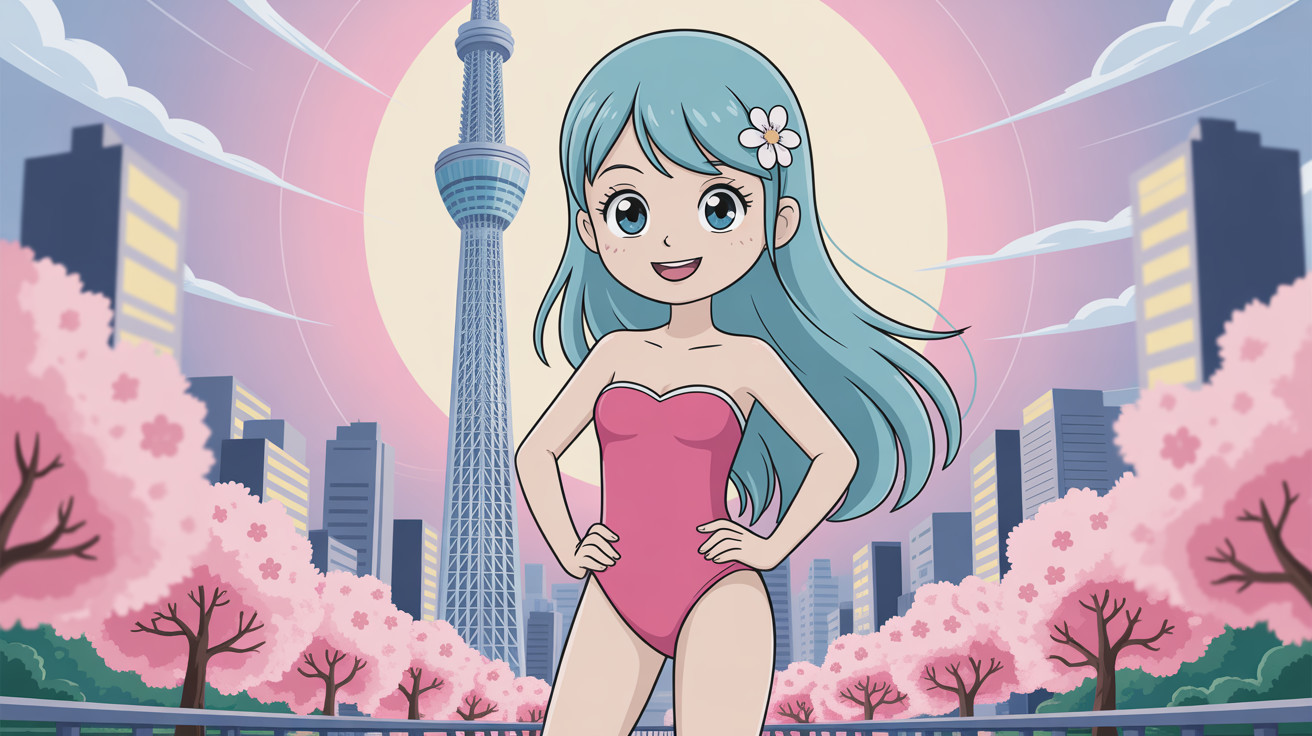 Cheerful Anime Girl in Pink Swimsuit with Cityscape