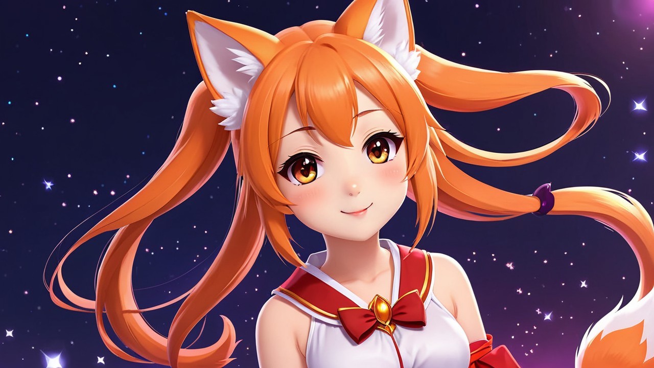 Vibrant anime character with fox ears and ponytails