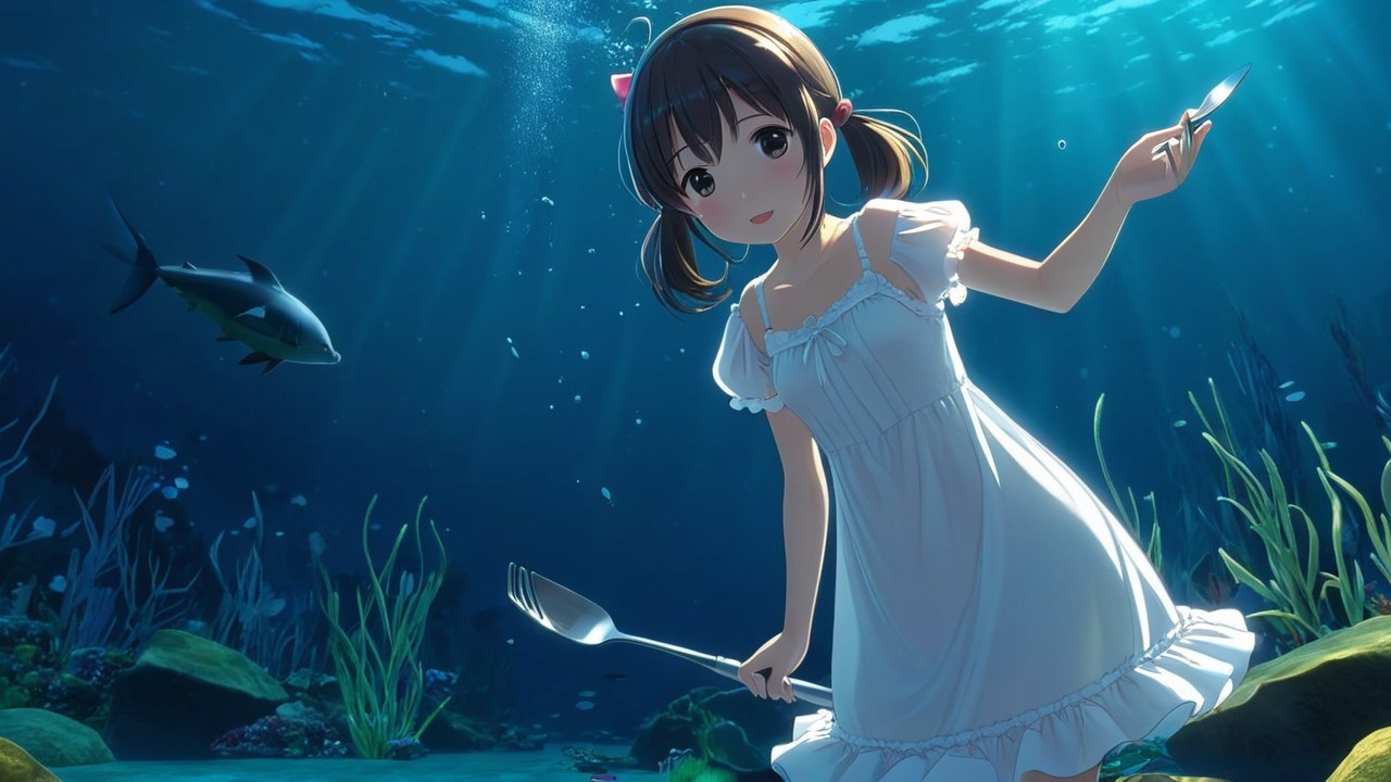 Anime girl in white dress underwater with fish and plants