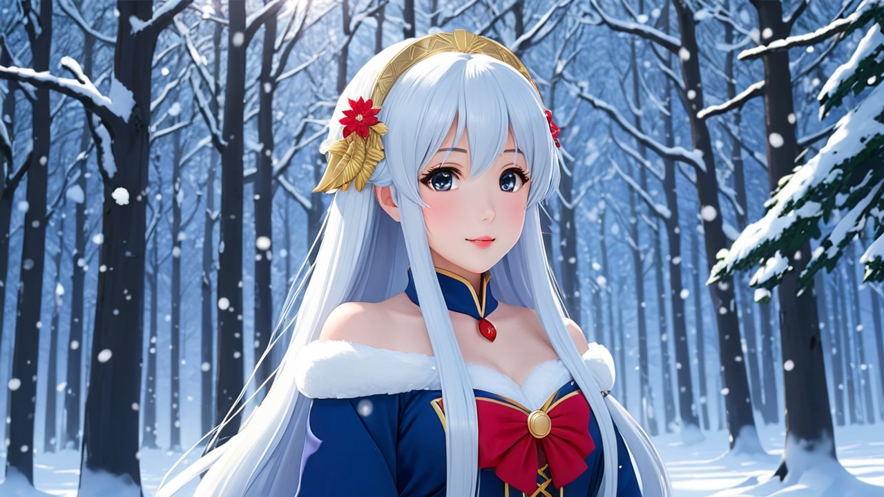 Anime Character in Snowy Forest with Silver Hair
