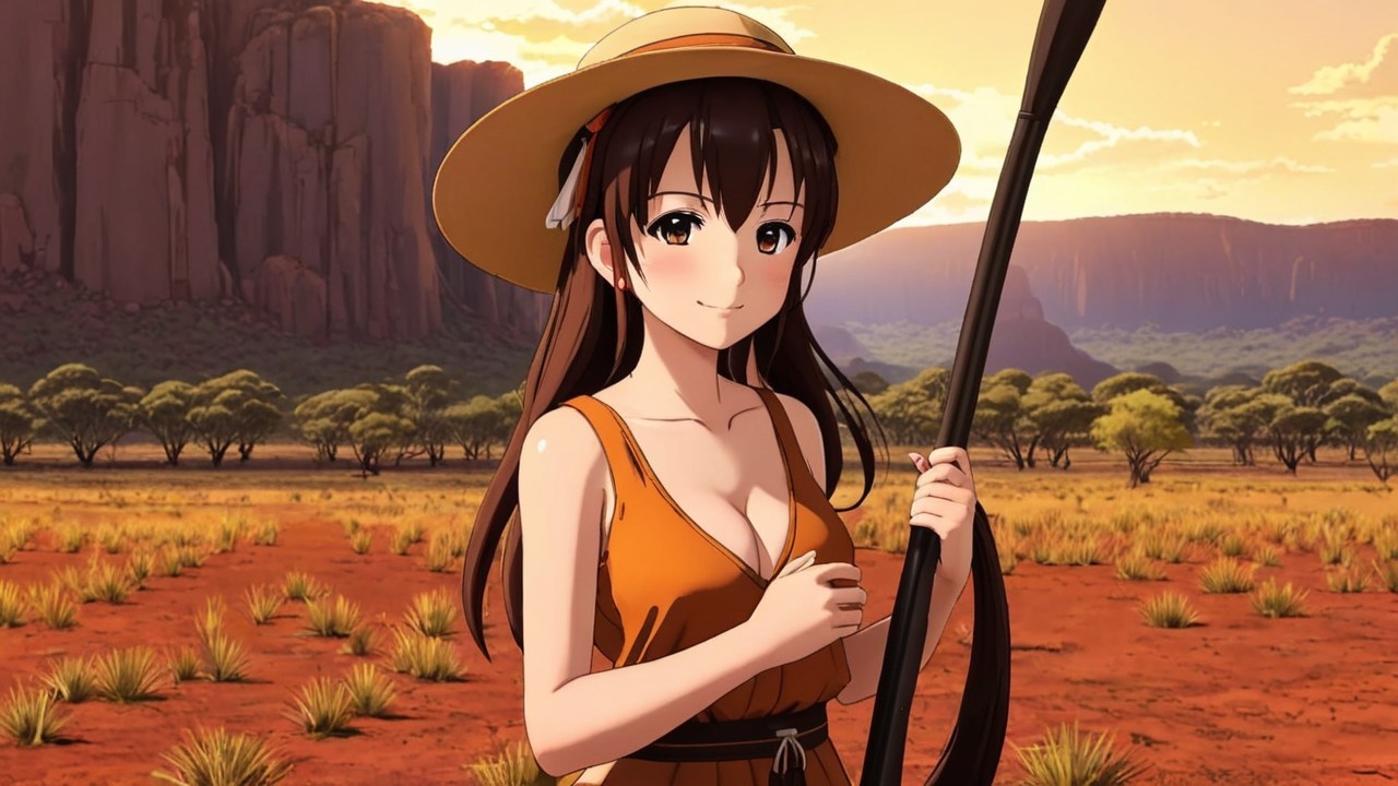 Cheerful anime character in arid landscape with cliffs