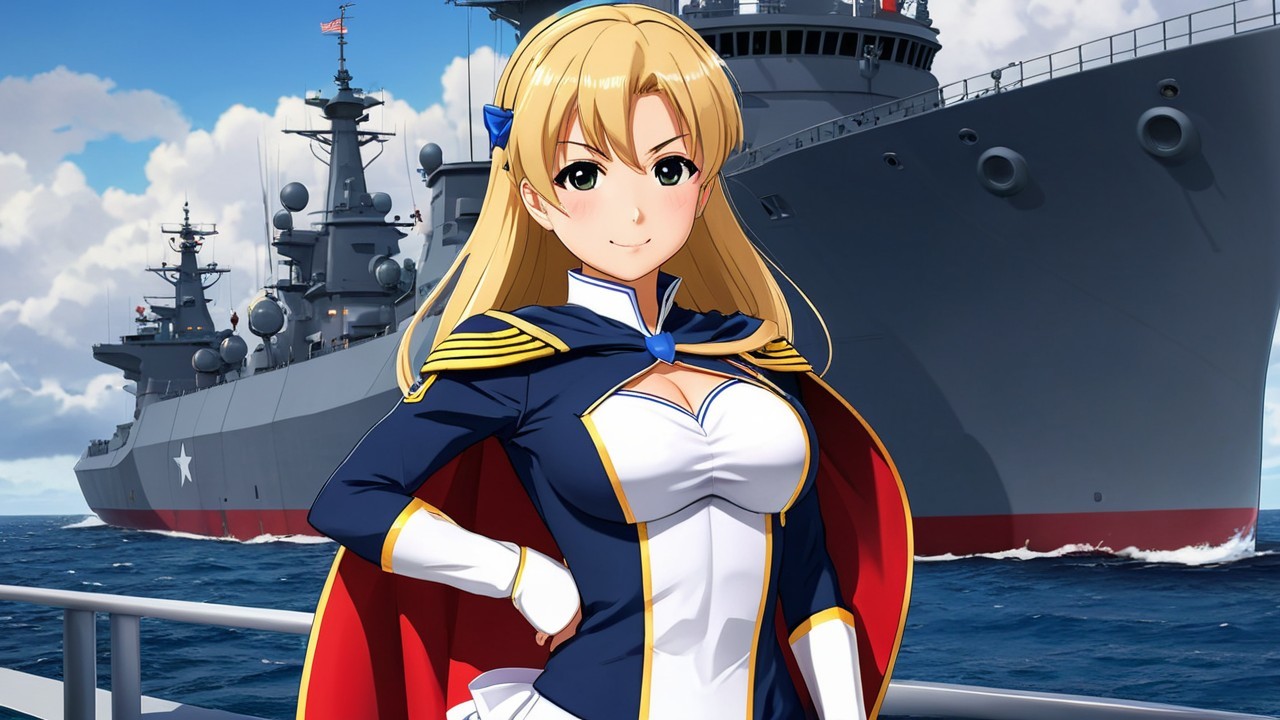 Anime Character in Naval Outfit on Ship Deck