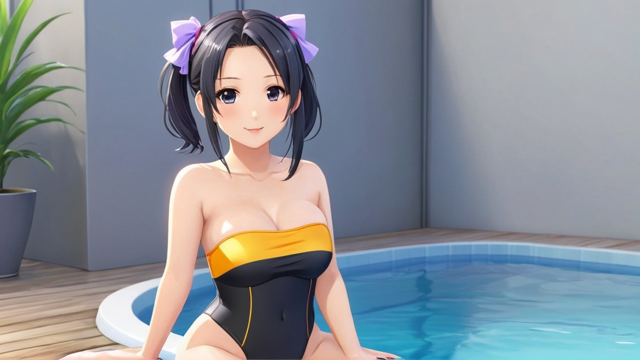Character by Pool in Black and Orange Swimsuit