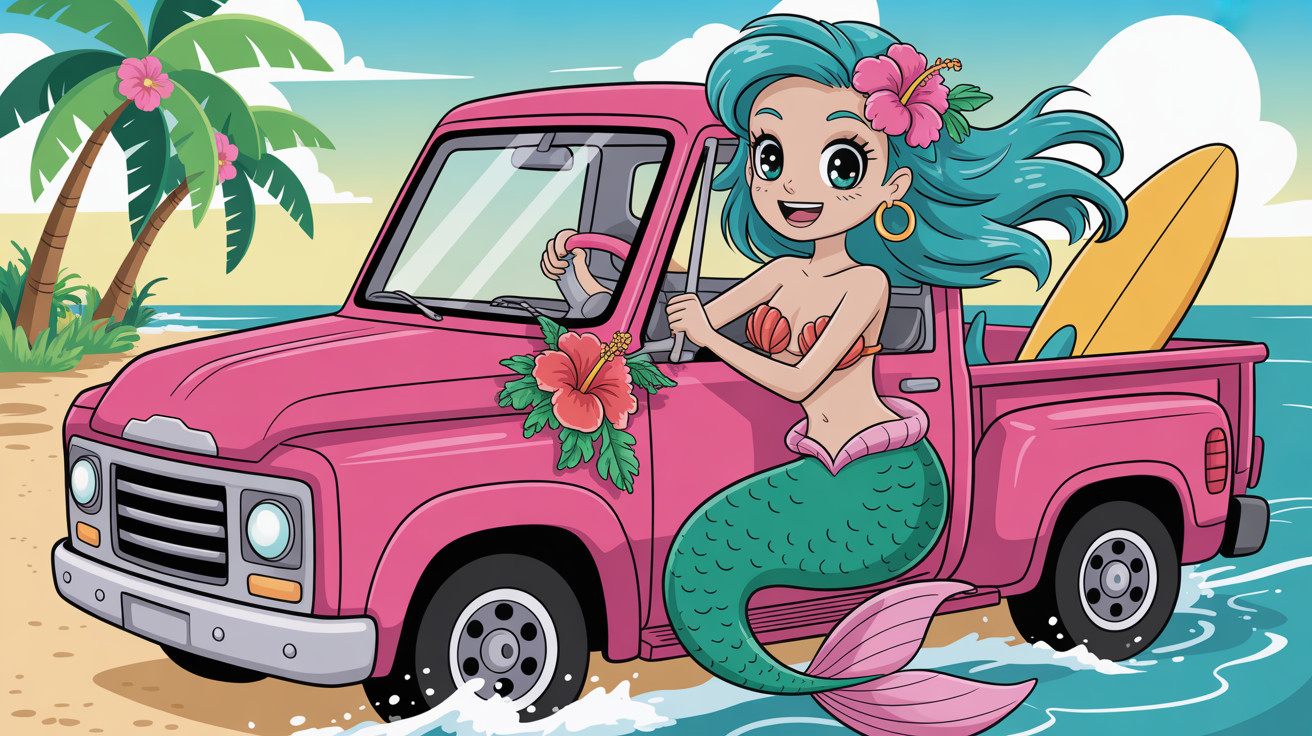 Mermaid in Pickup Truck on Sandy Beach Illustration