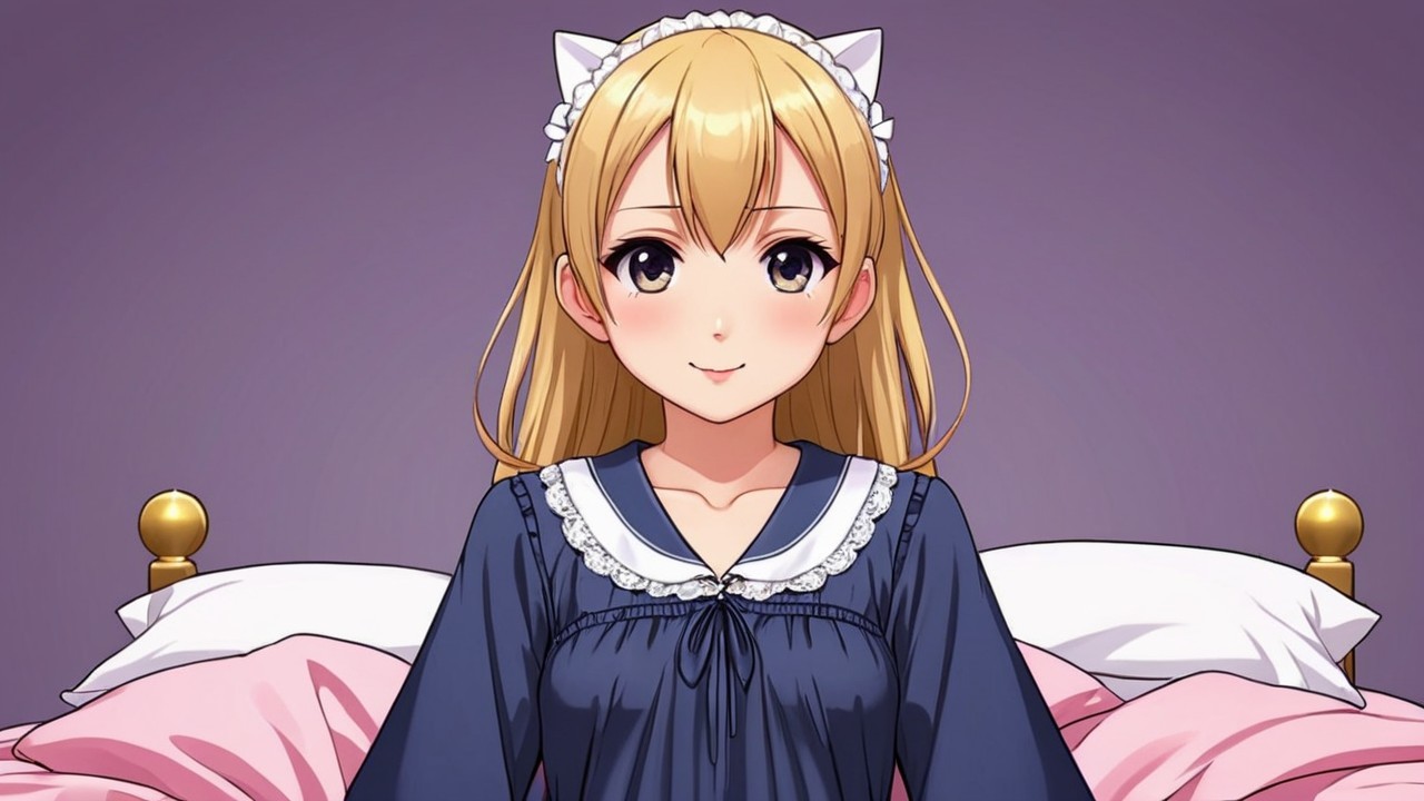 Young woman in navy nightgown on a bed with pillows