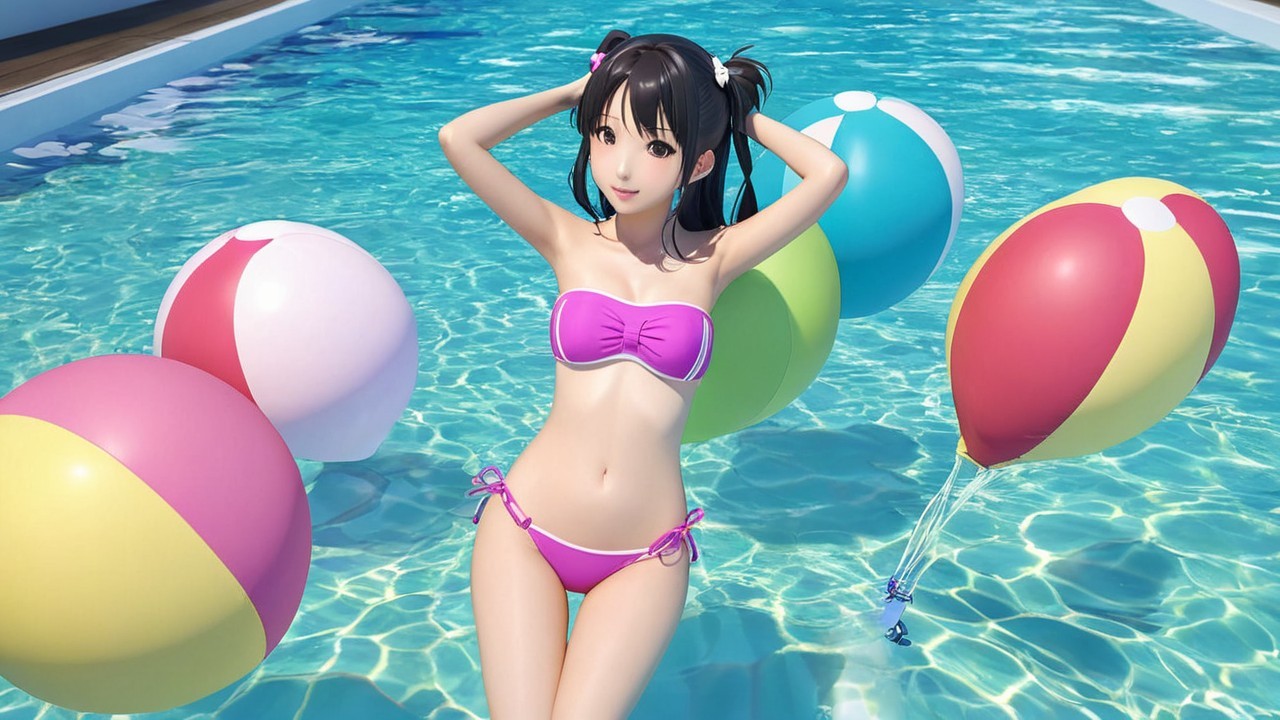 Cheerful Woman in Pink Bikini at Vibrant Pool Scene