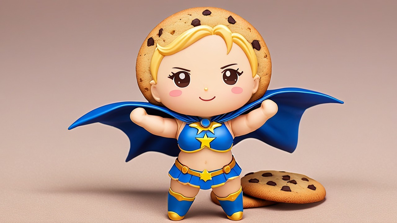 Cartoonish superhero figure with cookie-shaped head