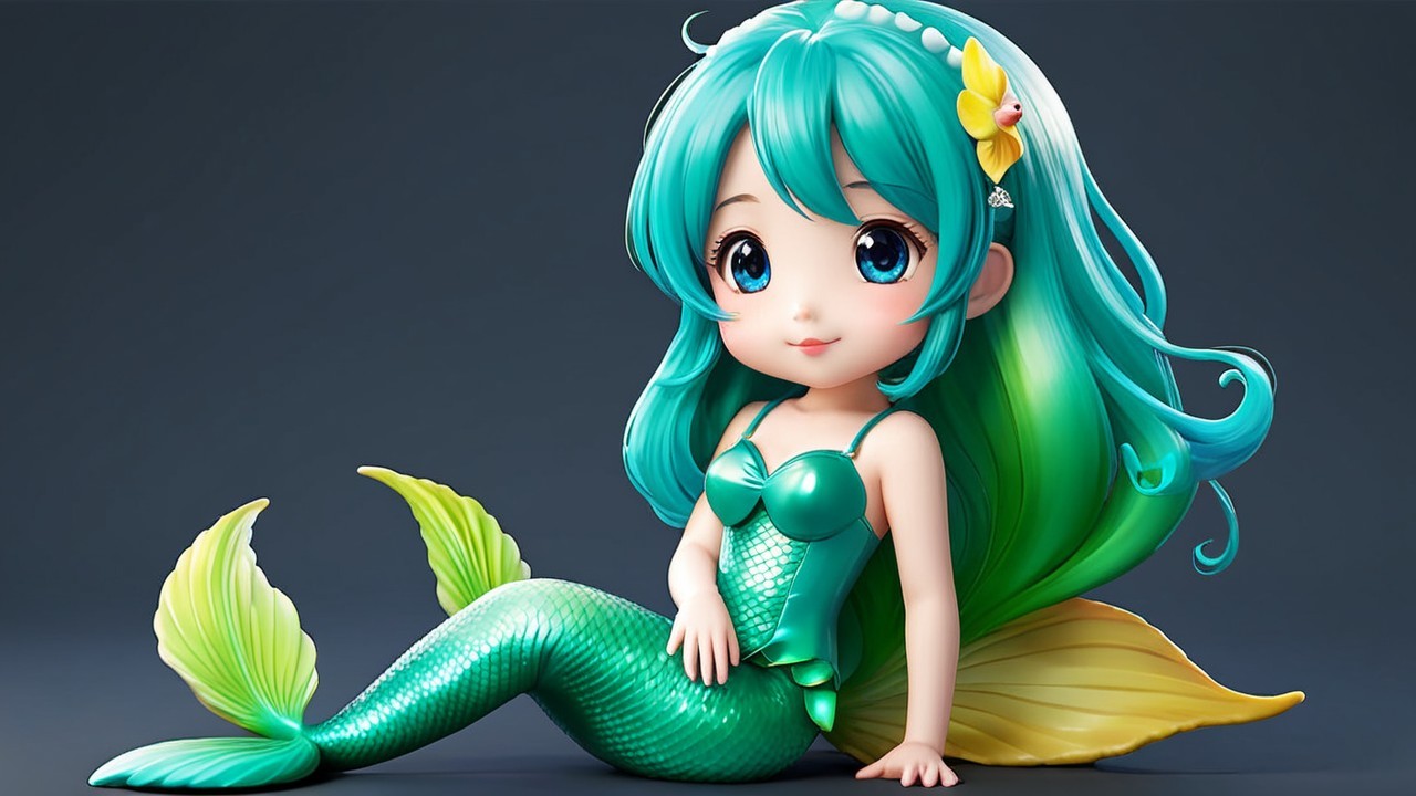 Stylized mermaid character with turquoise hair and tail