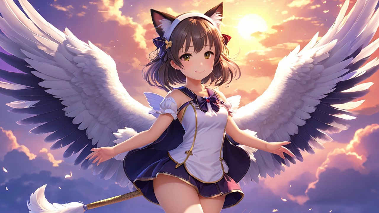 Anime Character with Cat Ears and Angel Wings at Sunset
