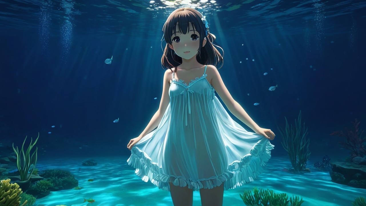 Young girl in white dress underwater with marine life