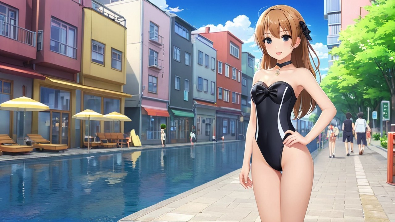 Charming Animated Character by Vibrant Waterfront Street