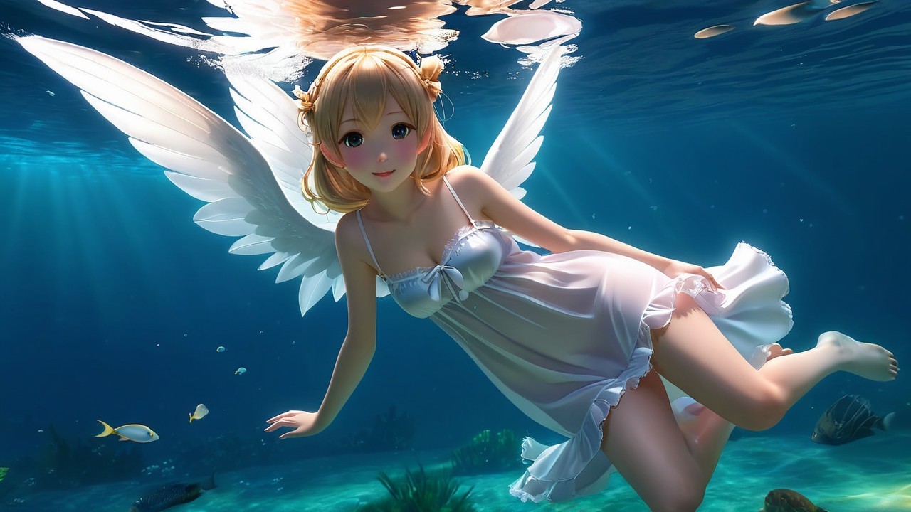 Underwater Scene with Angelic Figure and Fish