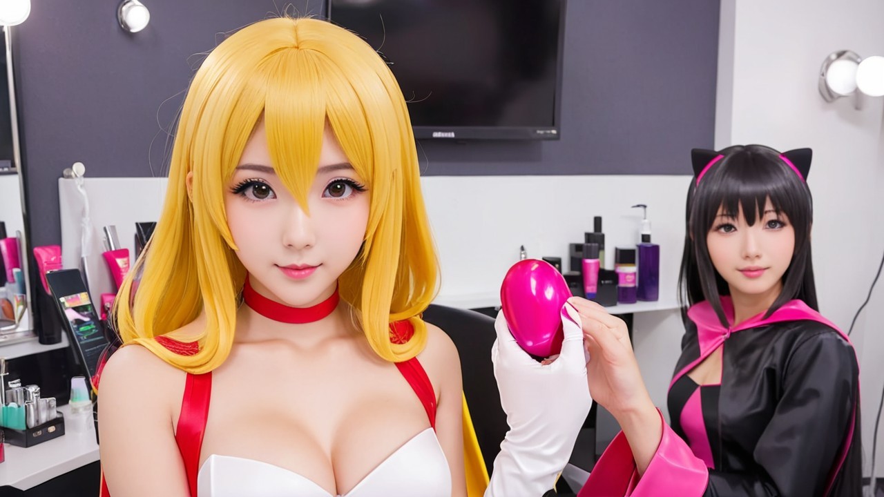 Cosplayers in a vibrant makeup room setting
