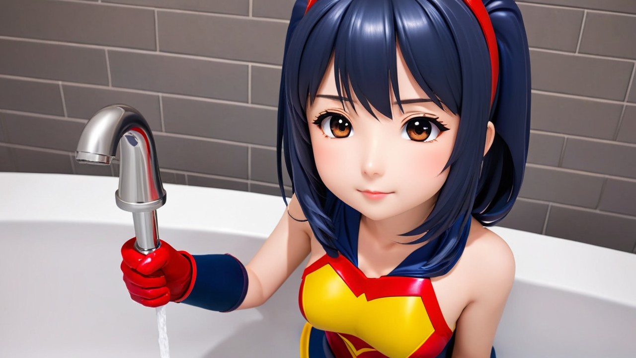 Anime Character in Bathtub with Superhero Costume