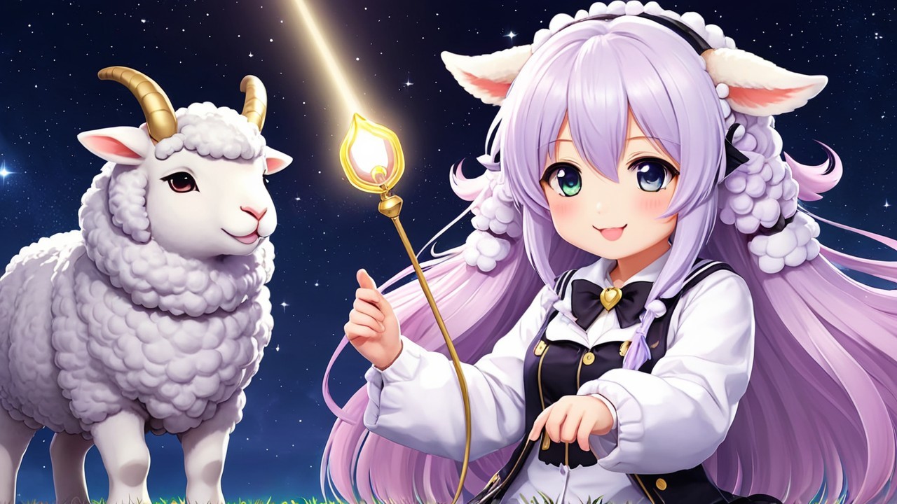 Whimsical Night Scene with Girl and Fluffy Sheep