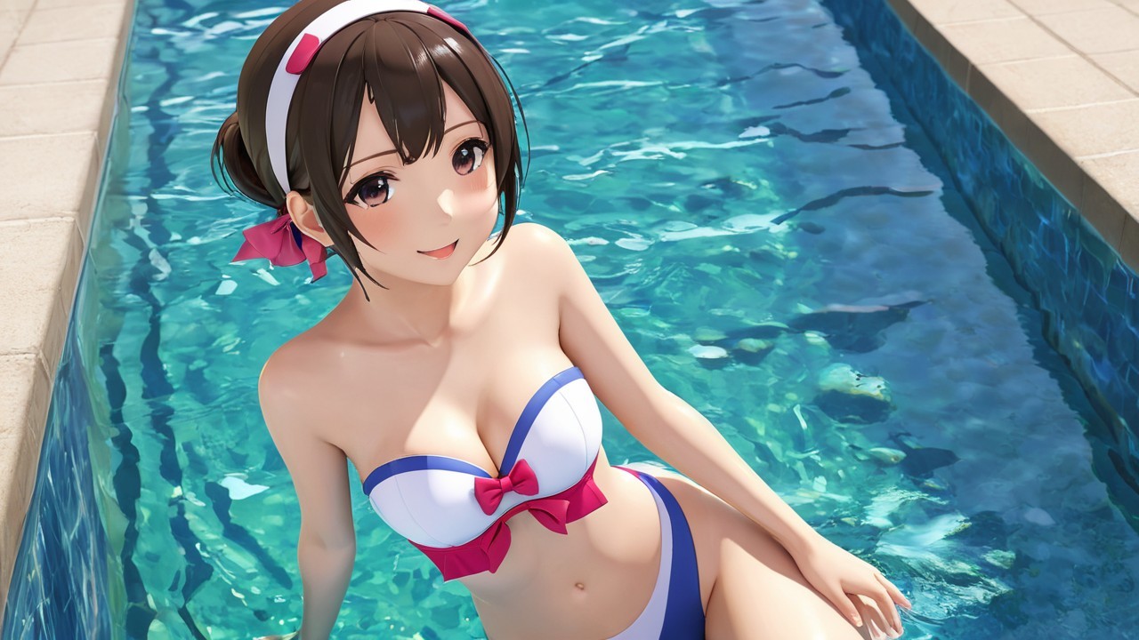 Anime Girl in Bikini Smiling by Sparkling Pool