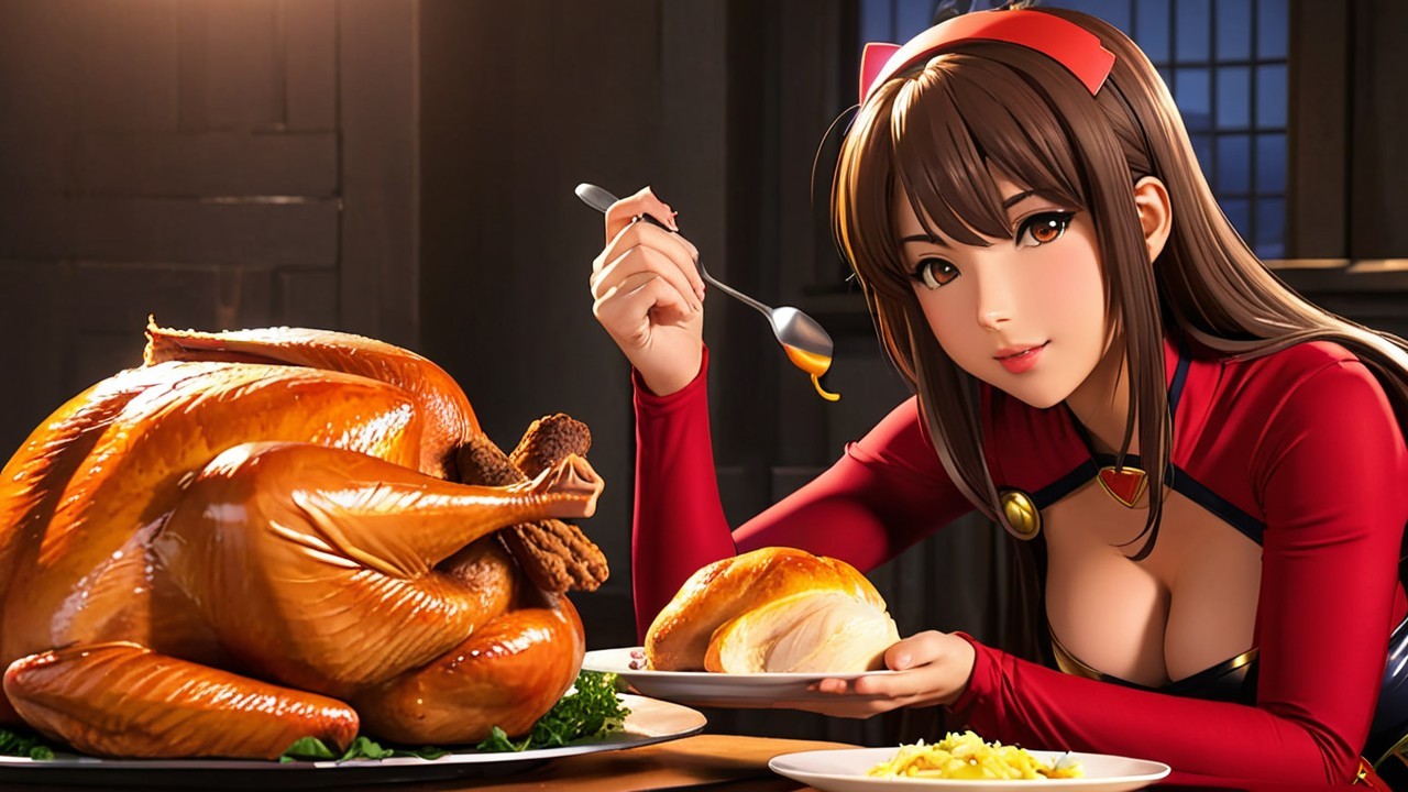 Stylized character serving turkey in warm setting