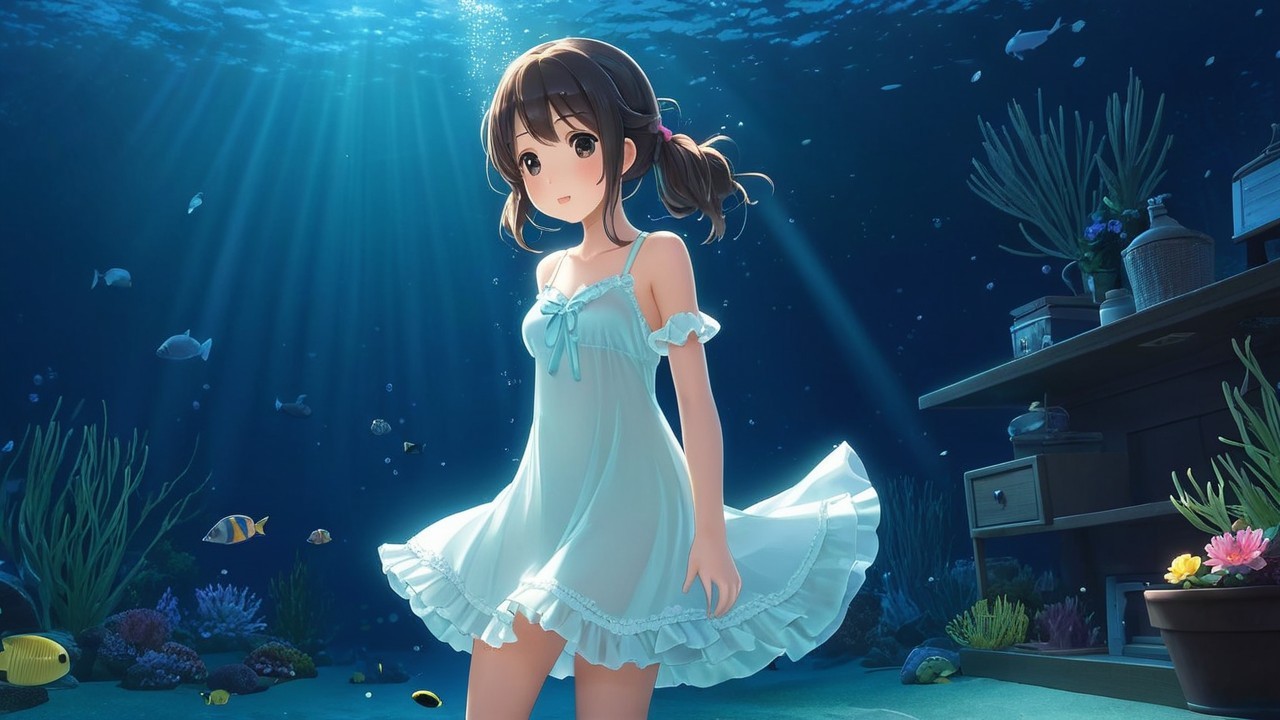Young girl in blue dress underwater with marine life