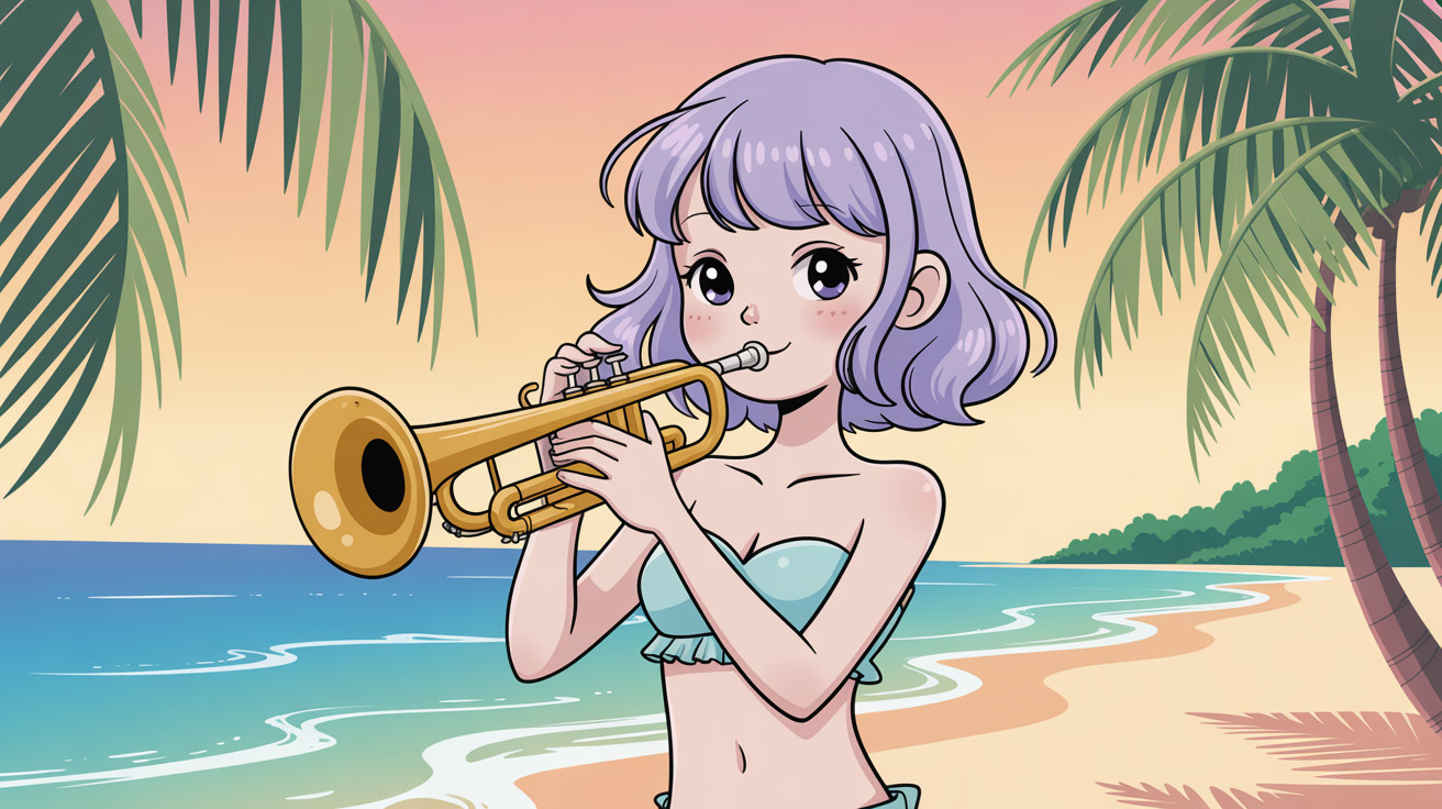 Anime Illustration of Woman Playing Trumpet on Beach