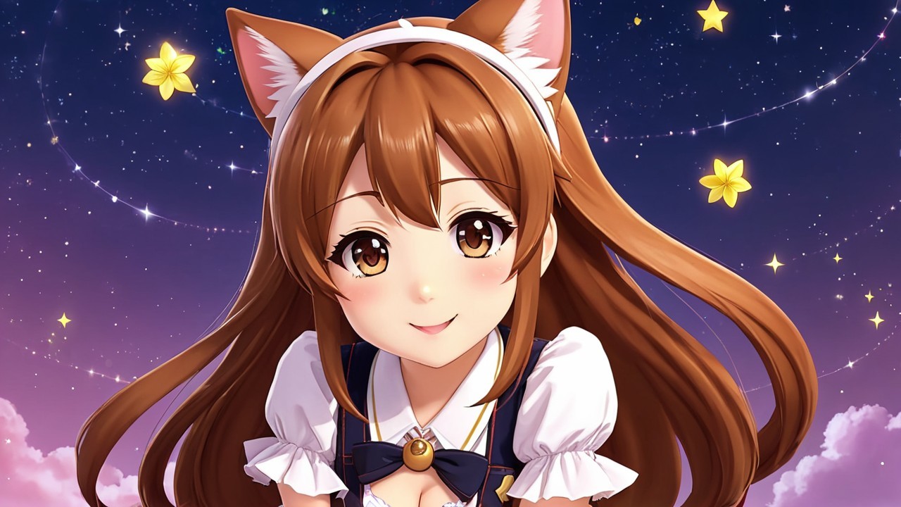 Anime Character with Cat Ears in Dreamy Night Sky