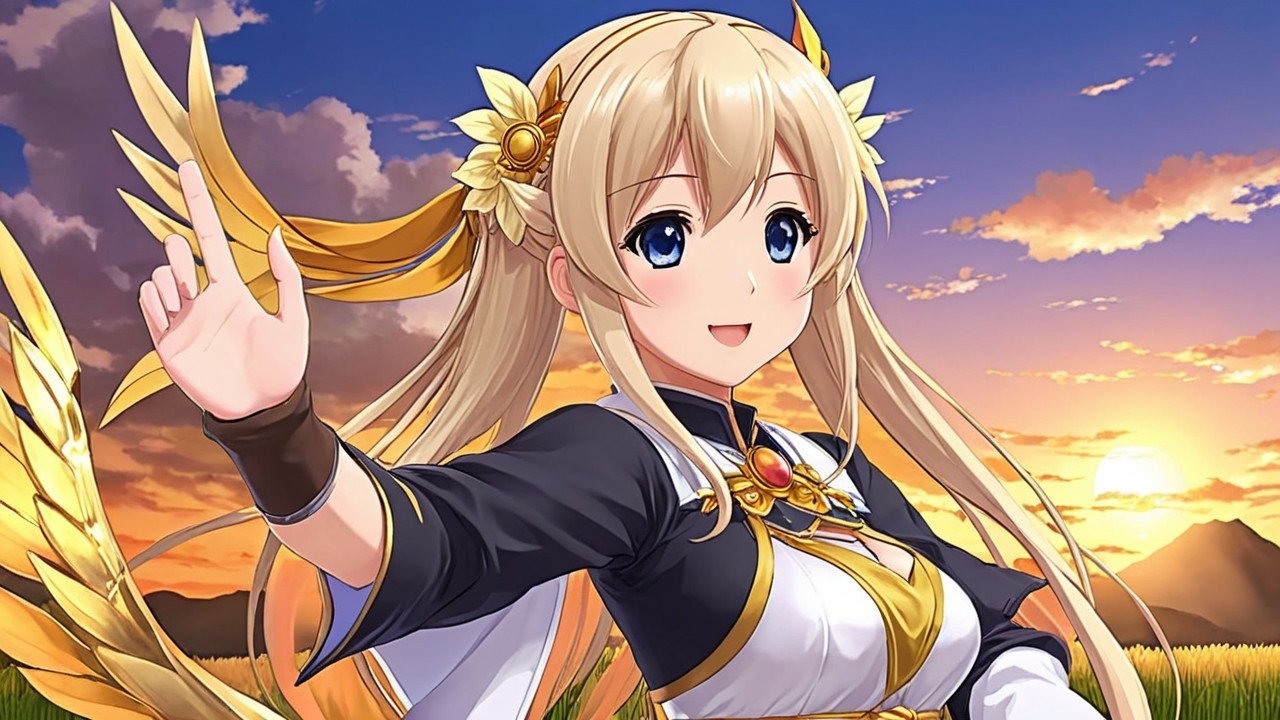 Cheerful anime character with floral accents and sunset
