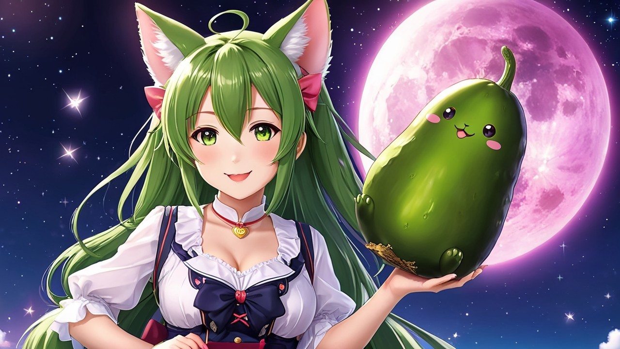 Anime Character with Green Hair and Avocado Under Moon