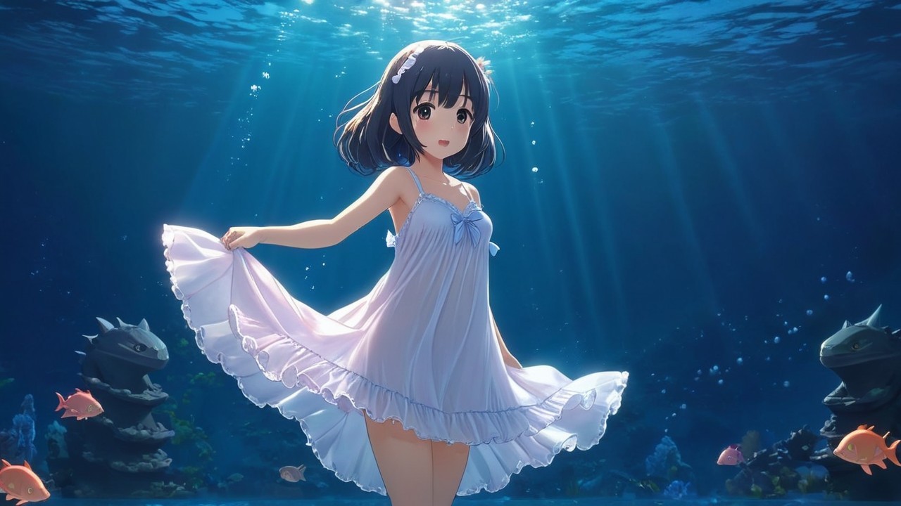 Young girl underwater in flowing dress with fish