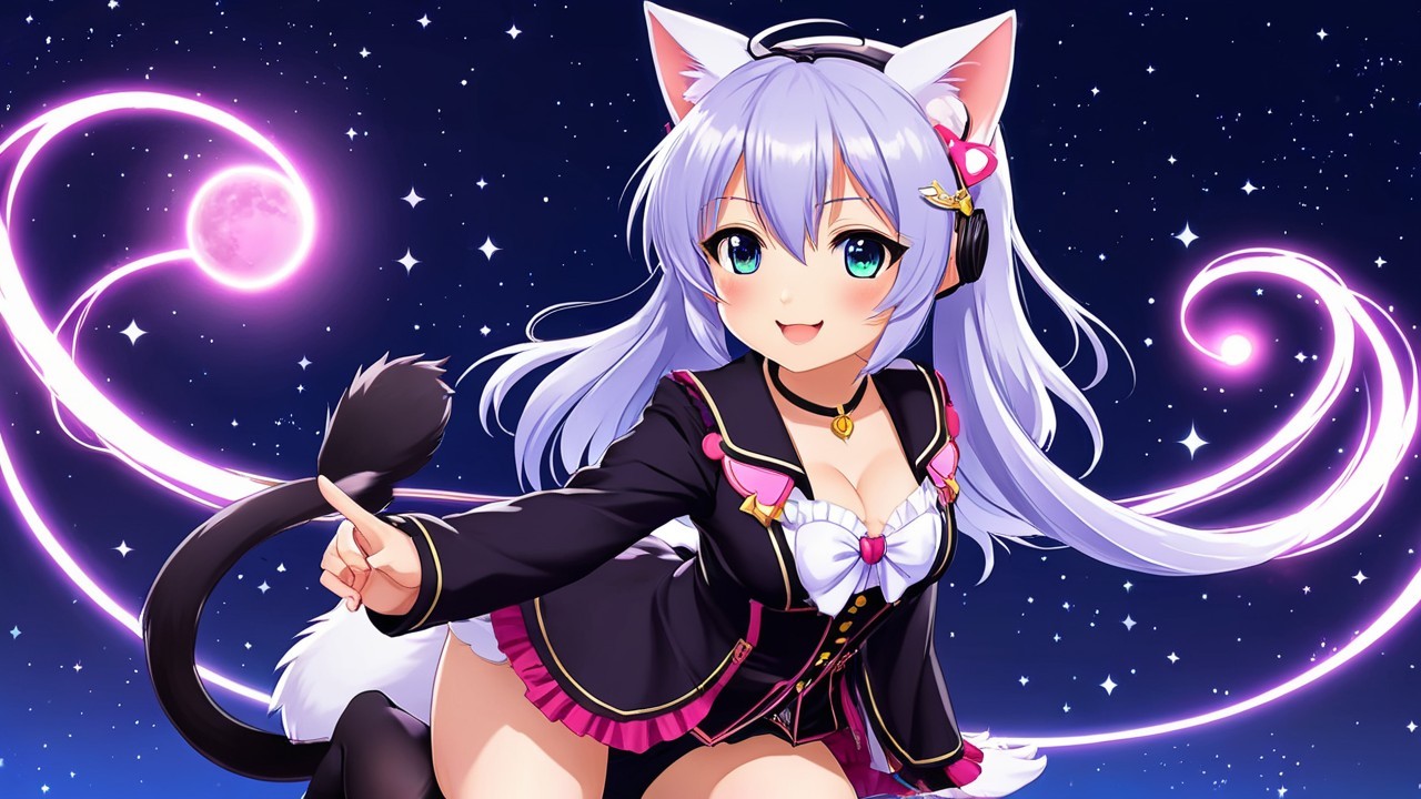 Cheerful Anime Character with Silver Hair and Cat Ears